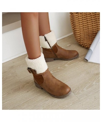 Ladies Fashion Solid Color Leather Belt Buckle Plush Side Zipper Thick Heel Cotton Boots Casual Shoes for Women Brown $36.34 ...