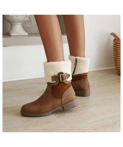 Ladies Fashion Solid Color Leather Belt Buckle Plush Side Zipper Thick Heel Cotton Boots Casual Shoes for Women Brown $36.34 ...