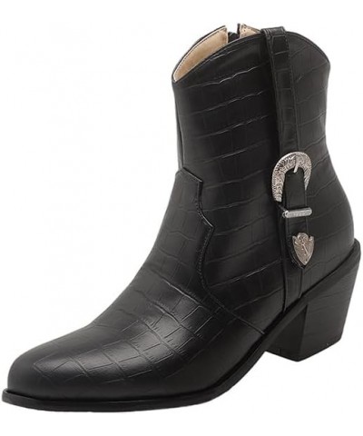 Side Zipper Block Heel Western Boots – Elegantly Crafted Ankle Boots Black $27.91 Boots