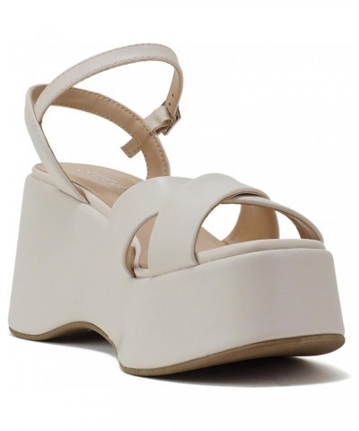 TECNO" ~ Women Square Toe Crisscross Upper High Heeled Wedge Sandal with Adjustable Ankle Strap Bone Pu $22.52 Sandals