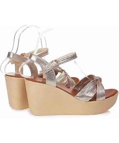 Women Peep Toe Non-slip Platform Wedge Heels Sandals Buckle Sequins Sandals Z 05-beige $20.43 Sandals