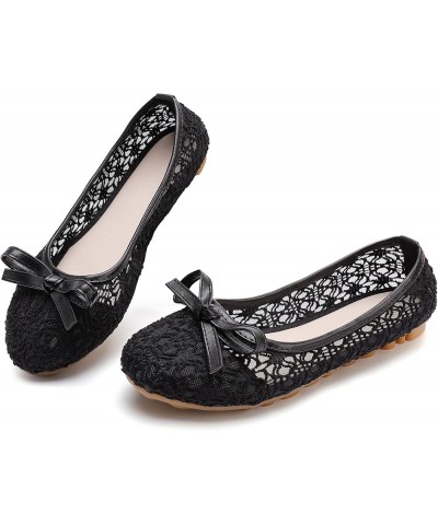 Round Toe Lace Ballet Crochet Flats Foldable Flats For Women Black $10.25 Flats