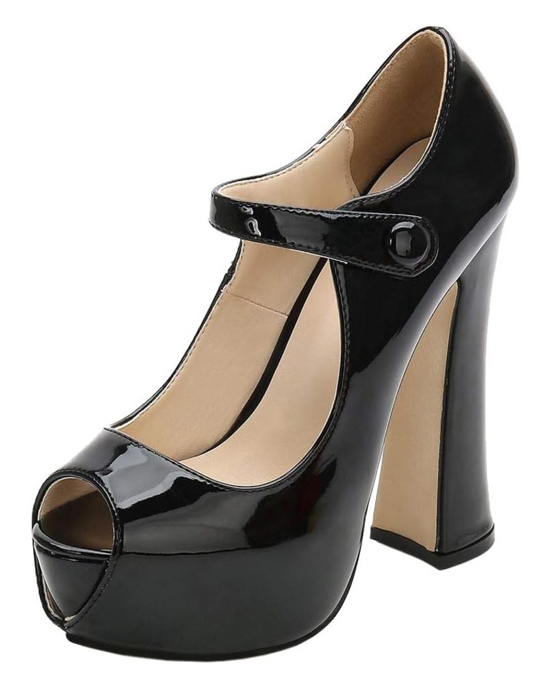 Women Fashion Block Heels Pumps Peep Toe Ankle Strap Black-patent $20.20 Pumps