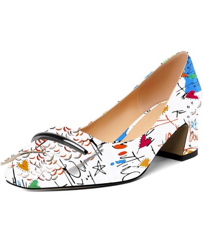 Women Low Block Chunky Heel Pumps Slip On 2 Inches Closed Square Toe Comfort Shoes Multi-color Graffiti White $29.90 Pumps