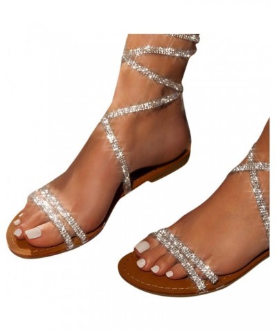 Womens Lace Up Rhinestone Sparkly Shiny Casual Beach Slingback Open Toe Sandal Flat Sandals Comfortable Cute Crystal Sandal D...