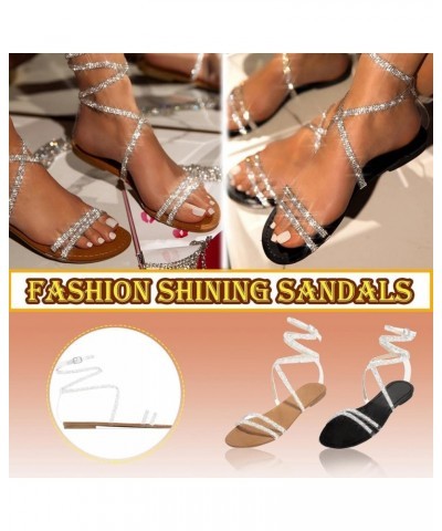 Womens Lace Up Rhinestone Sparkly Shiny Casual Beach Slingback Open Toe Sandal Flat Sandals Comfortable Cute Crystal Sandal D...