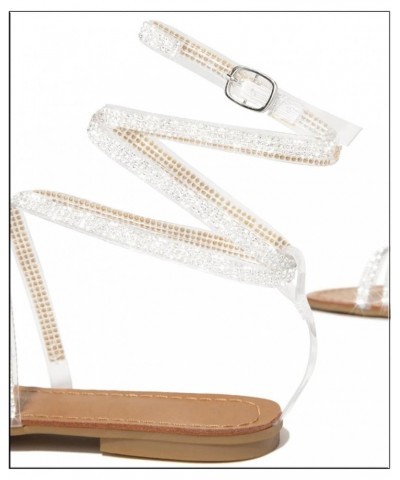 Womens Lace Up Rhinestone Sparkly Shiny Casual Beach Slingback Open Toe Sandal Flat Sandals Comfortable Cute Crystal Sandal D...