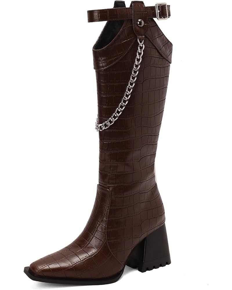 Women Block Heel Fashion Knee High Riding Boots Zipper Brown 1 $34.79 Boots