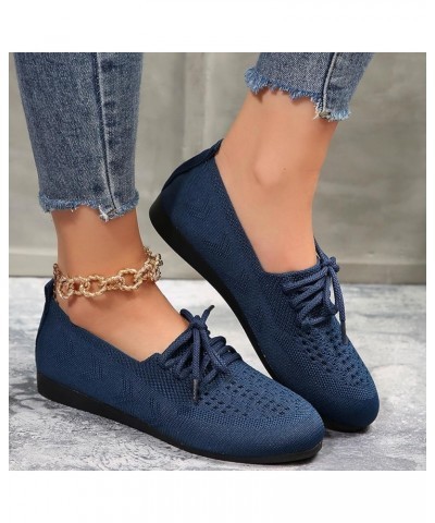 Ladies Single Shoes Flying Weave Hollow Breathable Flat Bottom Tie Large Size Soft Bottom Women Shoes Sandals Blue $13.29 Oxf...