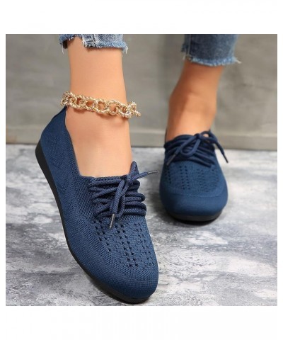 Ladies Single Shoes Flying Weave Hollow Breathable Flat Bottom Tie Large Size Soft Bottom Women Shoes Sandals Blue $13.29 Oxf...