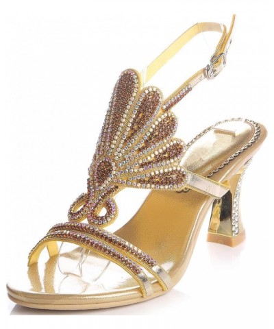 Women Open Toe Caged Sandal High Heels Crystals Evening Metallic Chunky Heels Gold $37.39 Sandals