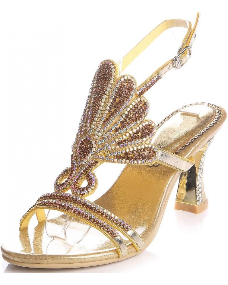 Women Open Toe Caged Sandal High Heels Crystals Evening Metallic Chunky Heels Gold $37.39 Sandals