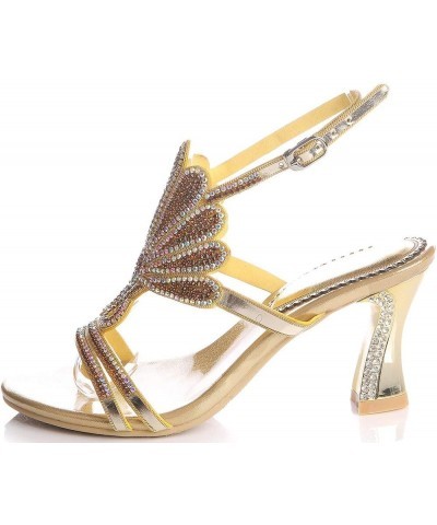 Women Open Toe Caged Sandal High Heels Crystals Evening Metallic Chunky Heels Gold $37.39 Sandals