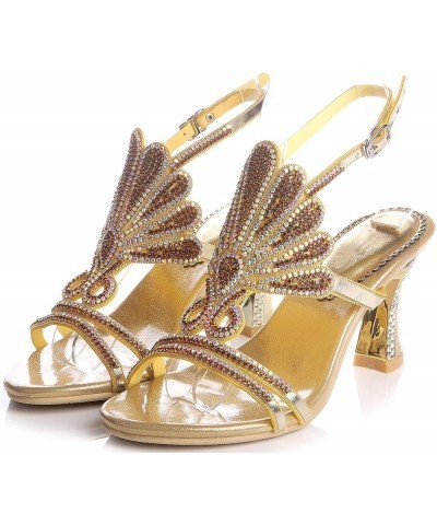 Women Open Toe Caged Sandal High Heels Crystals Evening Metallic Chunky Heels Gold $37.39 Sandals