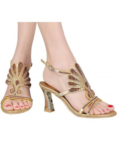 Women Open Toe Caged Sandal High Heels Crystals Evening Metallic Chunky Heels Gold $37.39 Sandals