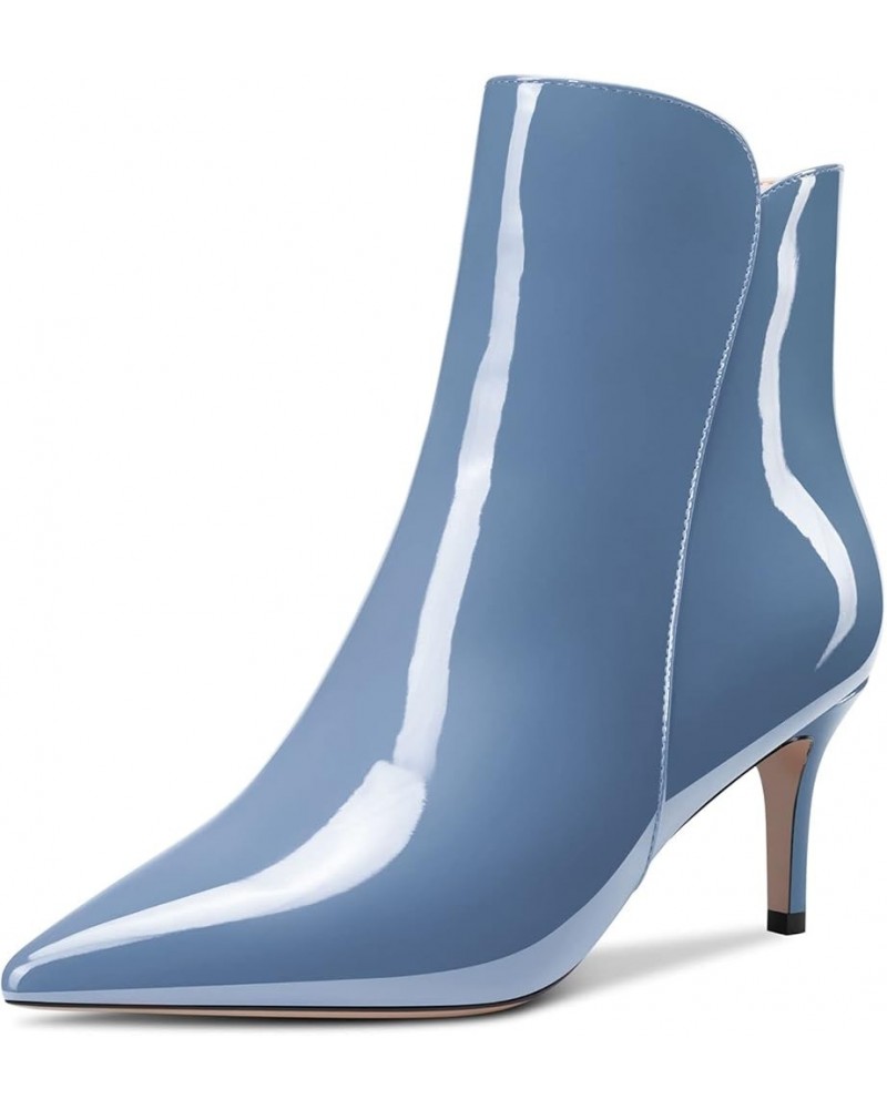 Women Ankle Boots Short Bootie Close Pointed Toe Slip-on Stiletto Mid Heel Patent Zipper 2.5 Inch Blue B $42.77 Boots