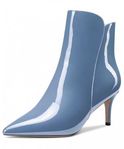 Women Ankle Boots Short Bootie Close Pointed Toe Slip-on Stiletto Mid Heel Patent Zipper 2.5 Inch Blue B $42.77 Boots