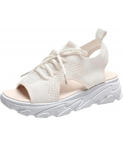 Open Toe Tennis Shoes, Contrast Paneled Cutout Lace-Up Muffin Sandals, Women Causal Summer Toe Platform Sneaker Sandals Y2-wh...