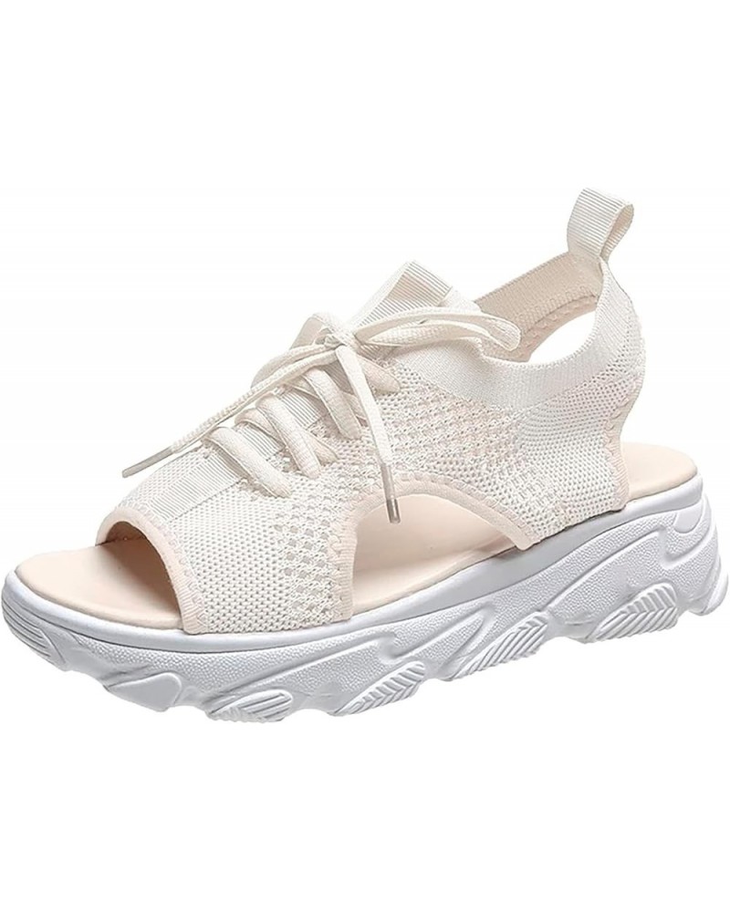 Open Toe Tennis Shoes, Contrast Paneled Cutout Lace-Up Muffin Sandals, Women Causal Summer Toe Platform Sneaker Sandals Y2-wh...