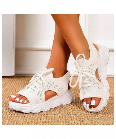 Open Toe Tennis Shoes, Contrast Paneled Cutout Lace-Up Muffin Sandals, Women Causal Summer Toe Platform Sneaker Sandals Y2-wh...