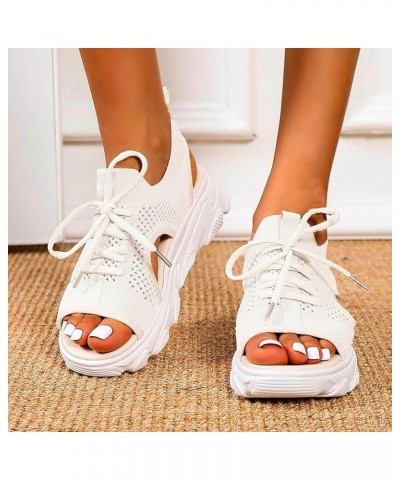 Open Toe Tennis Shoes, Contrast Paneled Cutout Lace-Up Muffin Sandals, Women Causal Summer Toe Platform Sneaker Sandals Y2-wh...