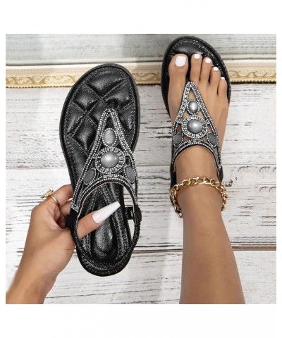 Women's Bohemian Rhinestone Flip Flops Sandals Flat Elastic Strap Sandals Flower Beaded Bohemian Beach Dressy Shoes 2-black $...