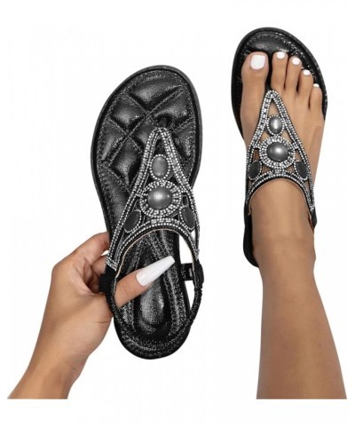 Women's Bohemian Rhinestone Flip Flops Sandals Flat Elastic Strap Sandals Flower Beaded Bohemian Beach Dressy Shoes 2-black $...