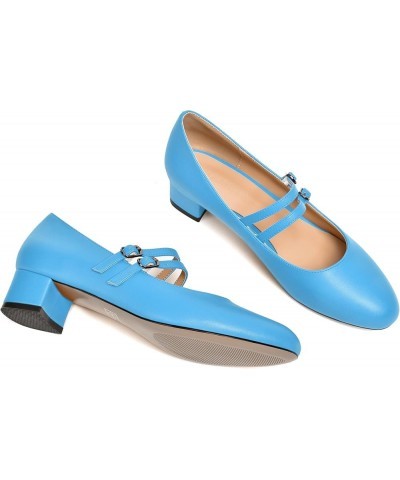 Womens Office Round Toe Adjustable Strap Fashion Buckle Matte Chunky Low Heel Pumps Shoes 1.5 Inch Sky Blue $36.95 Pumps