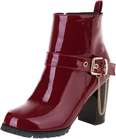 Women Patent Chunky High Heeled Ankle Boots Round Toe Booties With Zipper Burgundy $30.82 Boots