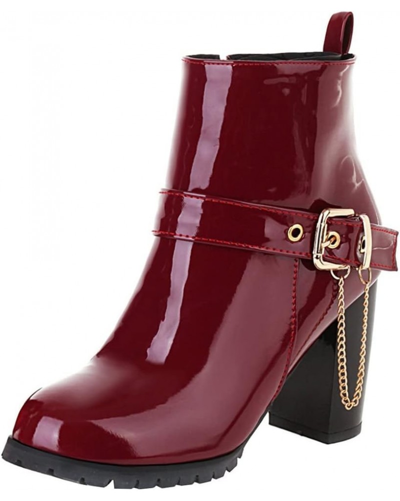 Women Patent Chunky High Heeled Ankle Boots Round Toe Booties With Zipper Burgundy $30.82 Boots