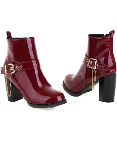 Women Patent Chunky High Heeled Ankle Boots Round Toe Booties With Zipper Burgundy $30.82 Boots