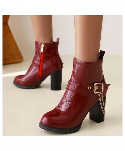 Women Patent Chunky High Heeled Ankle Boots Round Toe Booties With Zipper Burgundy $30.82 Boots