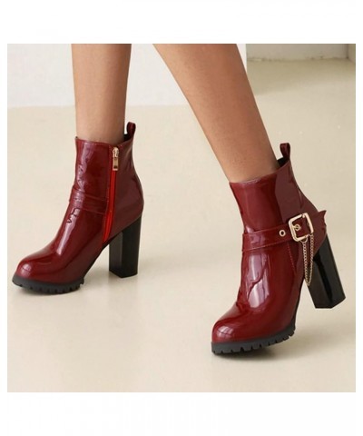 Women Patent Chunky High Heeled Ankle Boots Round Toe Booties With Zipper Burgundy $30.82 Boots