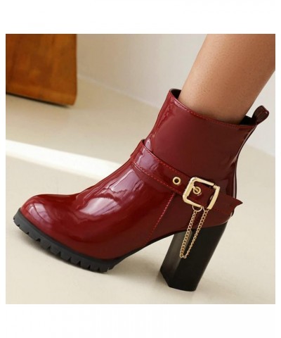 Women Patent Chunky High Heeled Ankle Boots Round Toe Booties With Zipper Burgundy $30.82 Boots