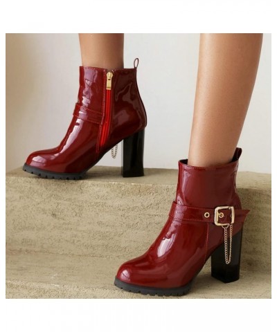 Women Patent Chunky High Heeled Ankle Boots Round Toe Booties With Zipper Burgundy $30.82 Boots