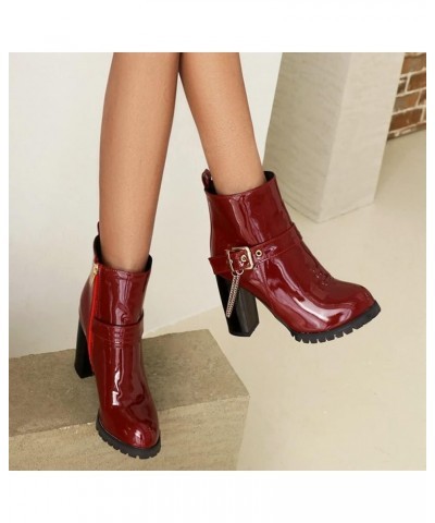 Women Patent Chunky High Heeled Ankle Boots Round Toe Booties With Zipper Burgundy $30.82 Boots