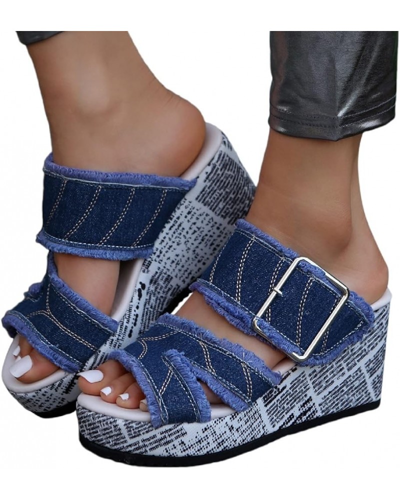 Women's Wedge Slides Comfortable Denim Strap Sandals Fashion Espadrille Walking Flip Flops Chunky High Heels Slippers Walking...