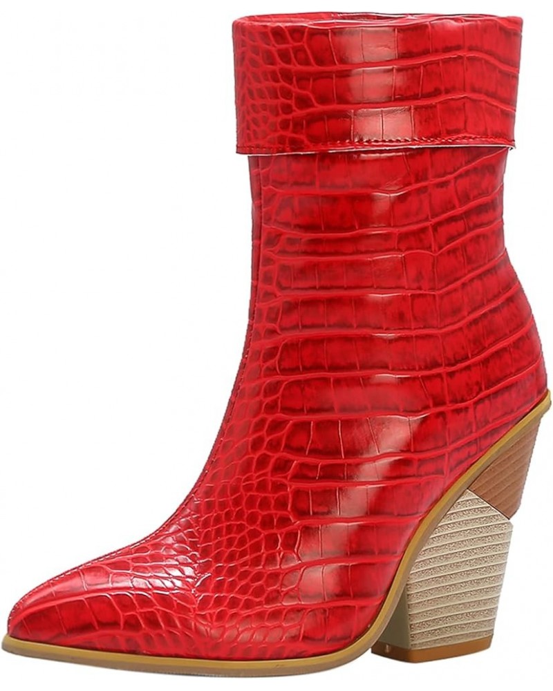 Women High Heel Ankle Boots Block Heel Cowboy Boots Slip On Pointed Toe Fashion Booties, Size 3-12.5 Red $34.30 Boots