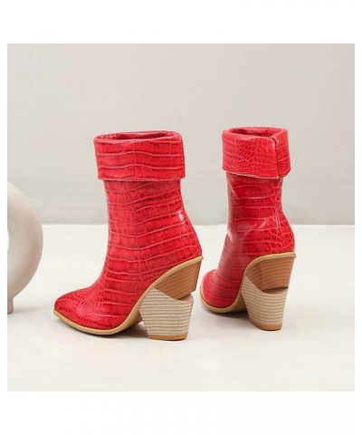 Women High Heel Ankle Boots Block Heel Cowboy Boots Slip On Pointed Toe Fashion Booties, Size 3-12.5 Red $34.30 Boots