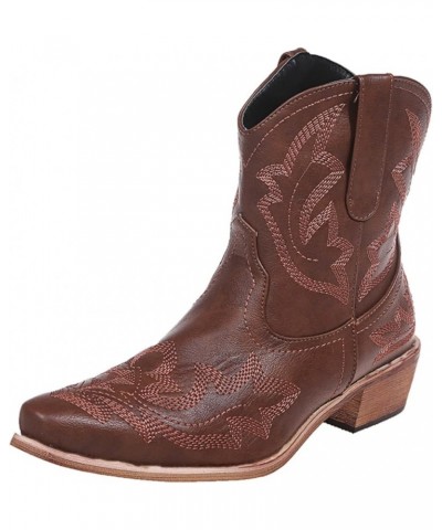 Womens Embroidered Cowboy Boots Snip Toe Western Cowgirl Boots Block Heel Ankle Booties Pull On Brown $37.09 Boots