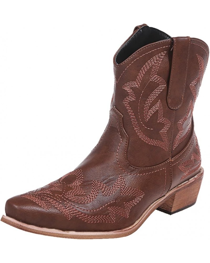 Womens Embroidered Cowboy Boots Snip Toe Western Cowgirl Boots Block Heel Ankle Booties Pull On Brown $37.09 Boots