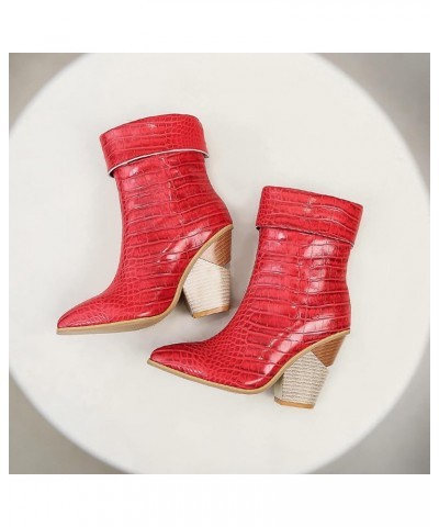 Women High Heel Ankle Boots Block Heel Cowboy Boots Slip On Pointed Toe Fashion Booties, Size 3-12.5 Red $34.30 Boots