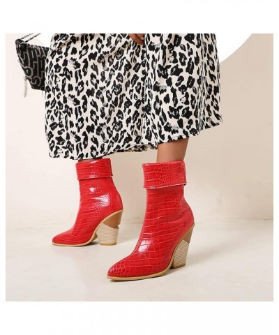 Women High Heel Ankle Boots Block Heel Cowboy Boots Slip On Pointed Toe Fashion Booties, Size 3-12.5 Red $34.30 Boots