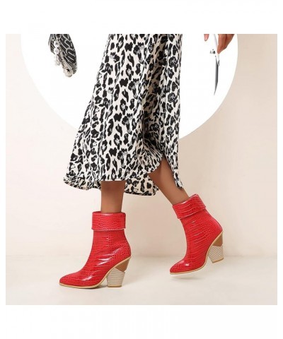 Women High Heel Ankle Boots Block Heel Cowboy Boots Slip On Pointed Toe Fashion Booties, Size 3-12.5 Red $34.30 Boots