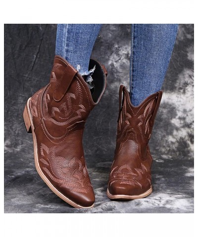 Womens Embroidered Cowboy Boots Snip Toe Western Cowgirl Boots Block Heel Ankle Booties Pull On Brown $37.09 Boots