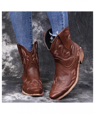 Womens Embroidered Cowboy Boots Snip Toe Western Cowgirl Boots Block Heel Ankle Booties Pull On Brown $37.09 Boots