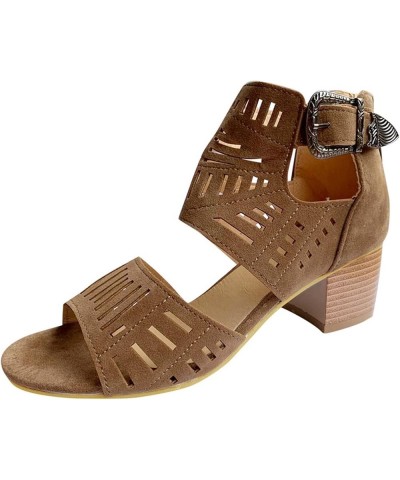 Womens Sandals Dressy, Sandals Women Breathable Hollow Out Sandals Boots Summer Chunky Heel Sandals Shoes Brown $18.45 Sandals