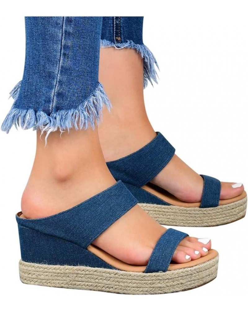 Chunky Wedge Sandals for Women Platform Open Toe Two Band Slip On Platform Espadrille Casual Summer Walking Slippers 6.5-7 Bl...