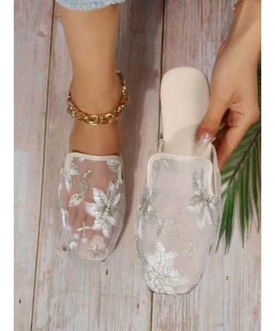 Women's Floral Print Square Toe Flat Sandals Outdoor Mesh Slides Sandals Beige $13.53 Sandals