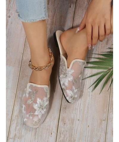 Women's Floral Print Square Toe Flat Sandals Outdoor Mesh Slides Sandals Beige $13.53 Sandals